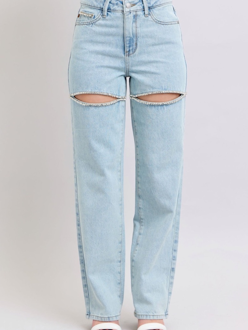 Judy Blue High Waist Rigid Magic Rhinestone Slits Detail Straight Denim Jeans